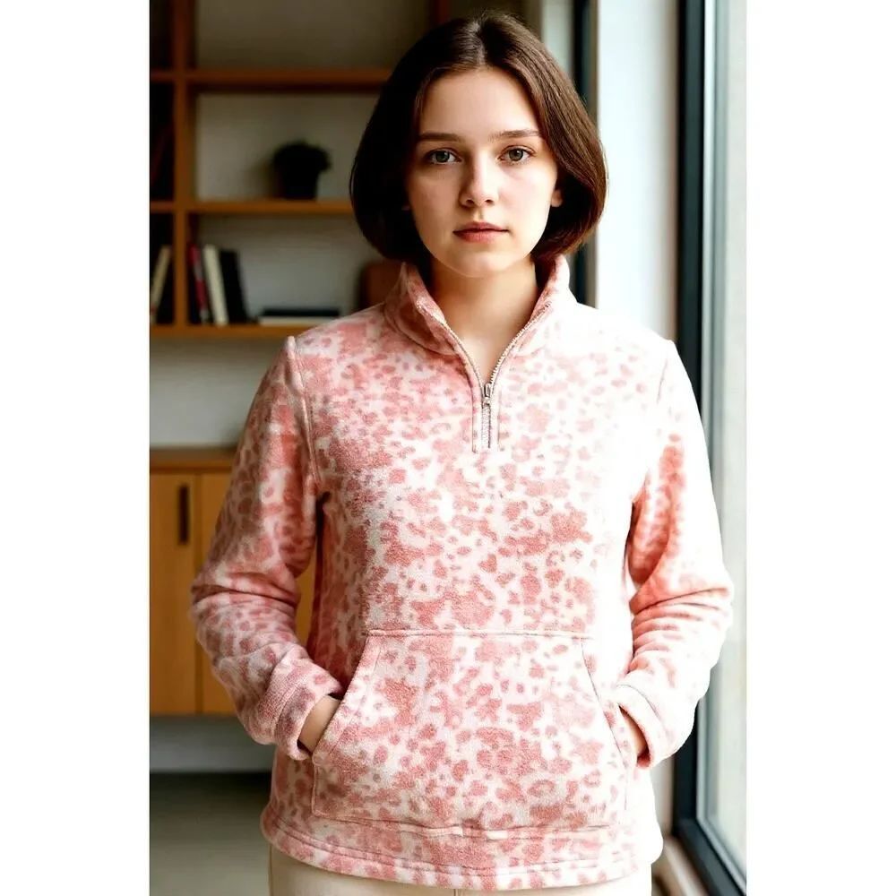 Jumping Beans Girls Two tone Sof Pink Cheetah 1/4 Zipper Pullover - Size 8